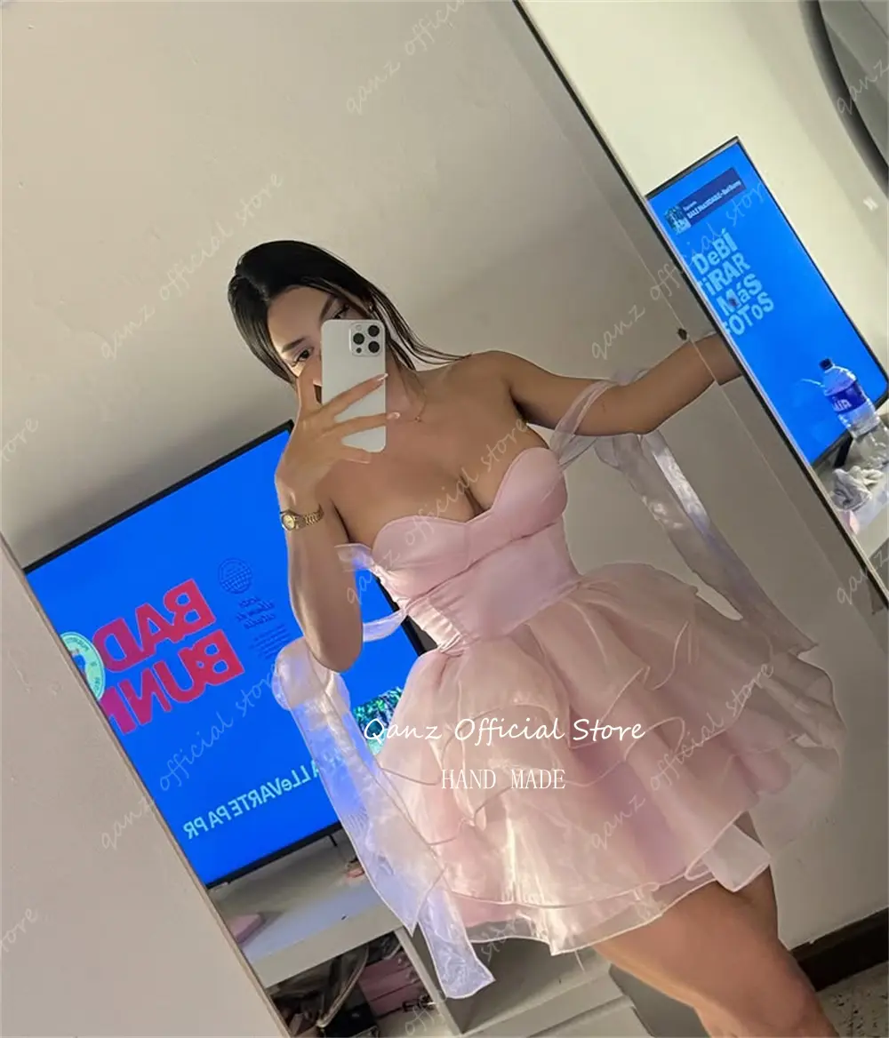 Qanz Pink Prom Dresses Tulle Spaghetti Straps Short Cocktail Dresses Lace Up Back Graduation Dresses for Highschool Customized
