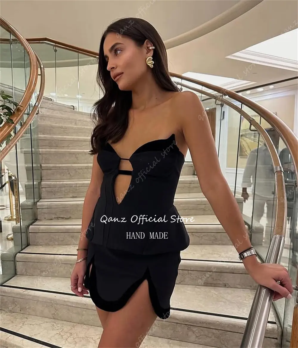 Qanz Mini Black Satin Prom Dresses Corset Back  Bespoke Occasion Dresses Sweetheart Plus Size Vestidos De Fiesta Customized