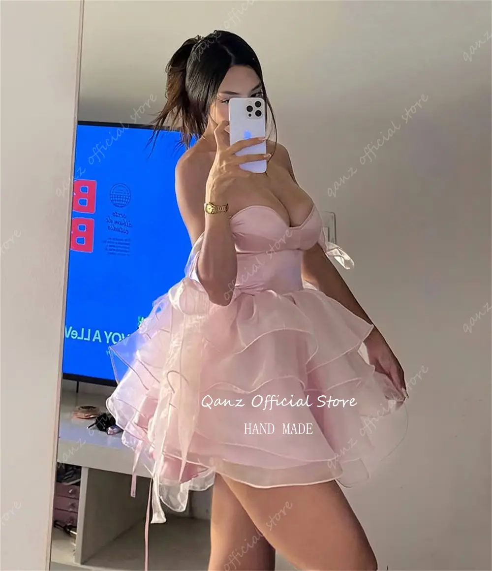 Qanz Pink Prom Dresses Tulle Spaghetti Straps Short Cocktail Dresses Lace Up Back Graduation Dresses for Highschool Customized