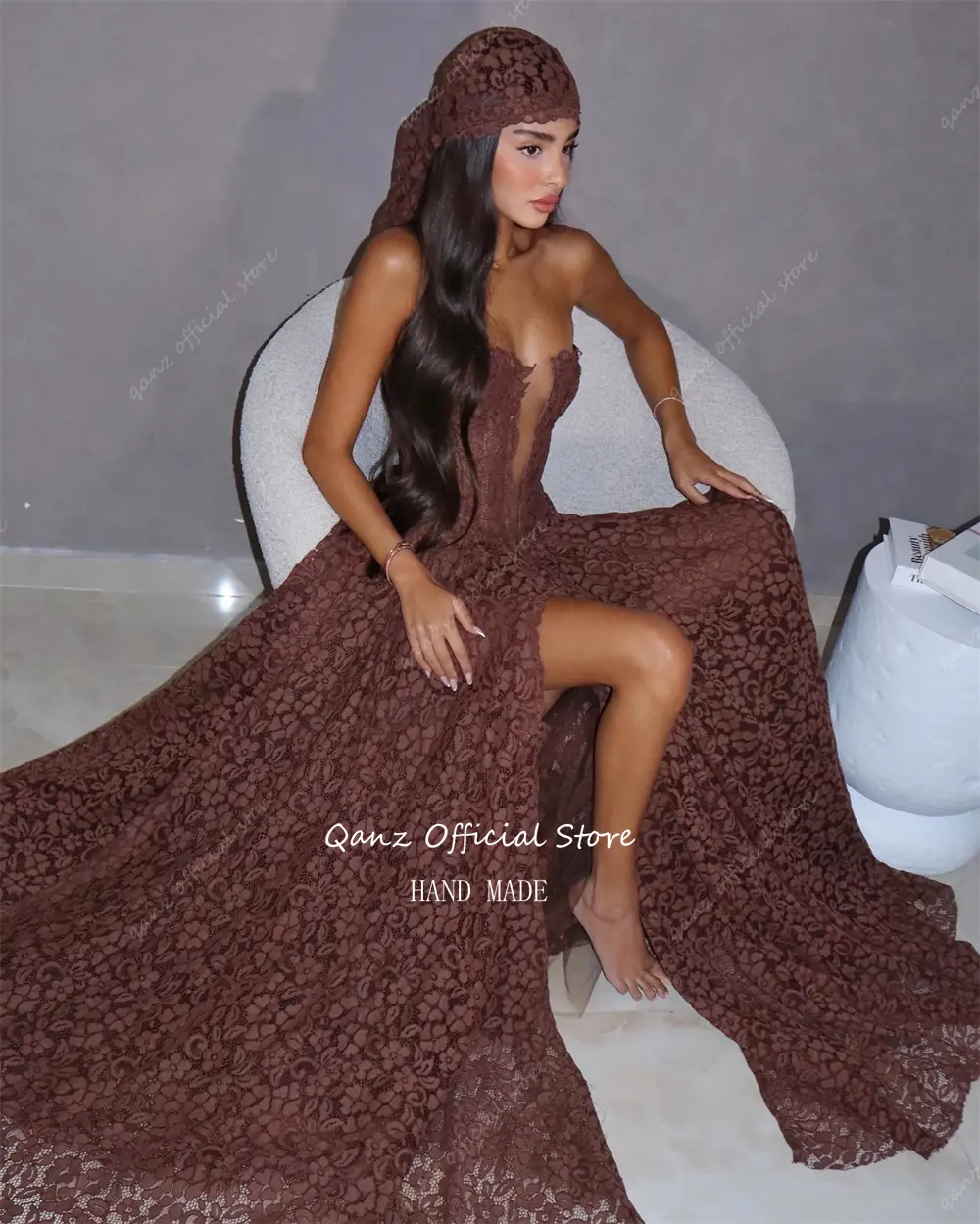 Qanz Formal Long Prom Dresses Lace Appliques High Slit Sweetheart Evening Dress A Line Vestidos De Fiesta Elegantes Customized