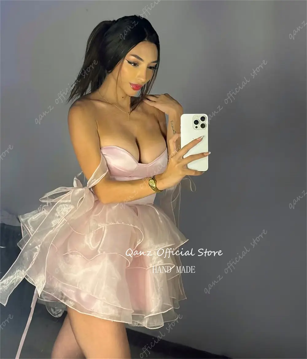 Qanz Pink Prom Dresses Tulle Spaghetti Straps Short Cocktail Dresses Lace Up Back Graduation Dresses for Highschool Customized