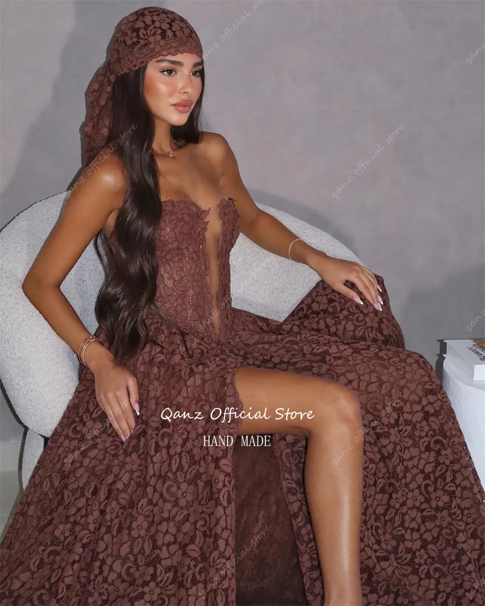 Qanz Formal Long Prom Dresses Lace Appliques High Slit Sweetheart Evening Dress A Line Vestidos De Fiesta Elegantes Customized