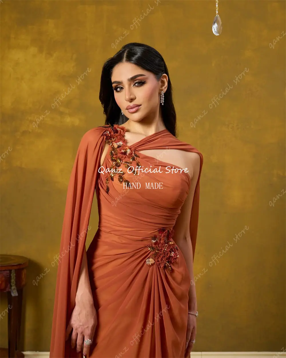 Qanz Burnt Orange Evening Dresses Chiffon Beadings Vestidos De Fiesta Elegantes Cape Sleeves Prom Dresses Luxury Customized