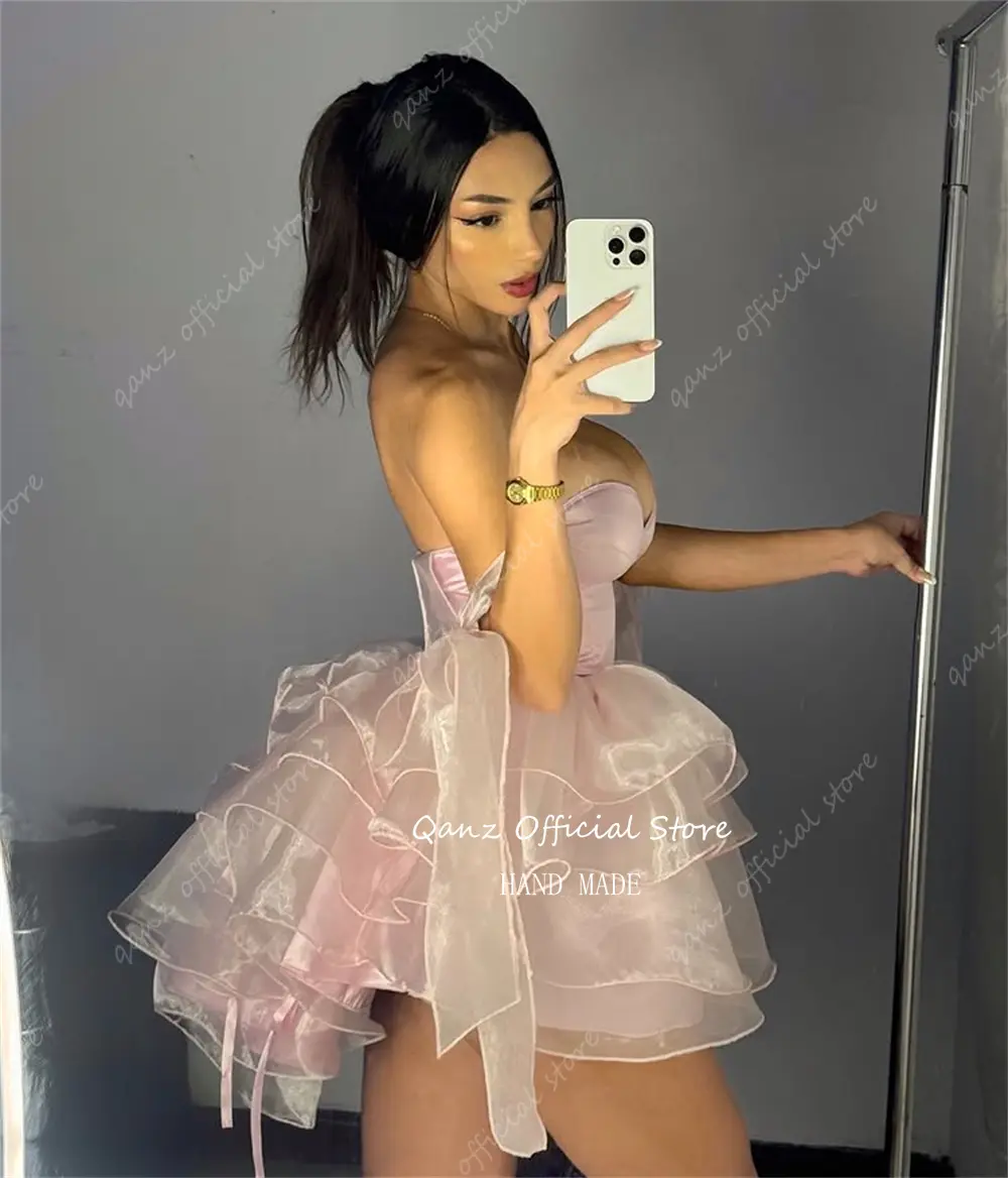Qanz Pink Prom Dresses Tulle Spaghetti Straps Short Cocktail Dresses Lace Up Back Graduation Dresses for Highschool Customized