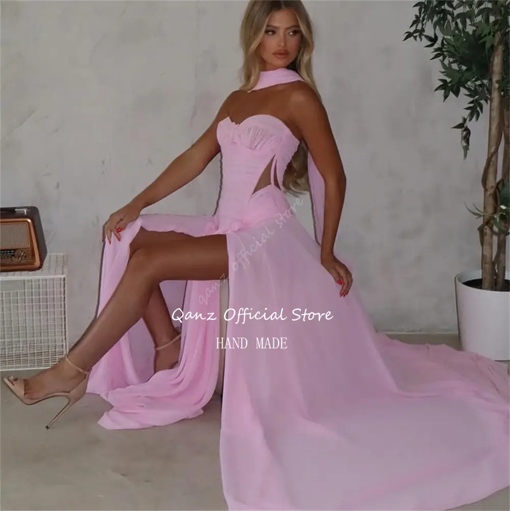 Qanz Elegant Pink Prom Dresses Chiffon Sweetheart High Slit Ribbon Robe De Soirée Femme Evening Party Gown Women Customized