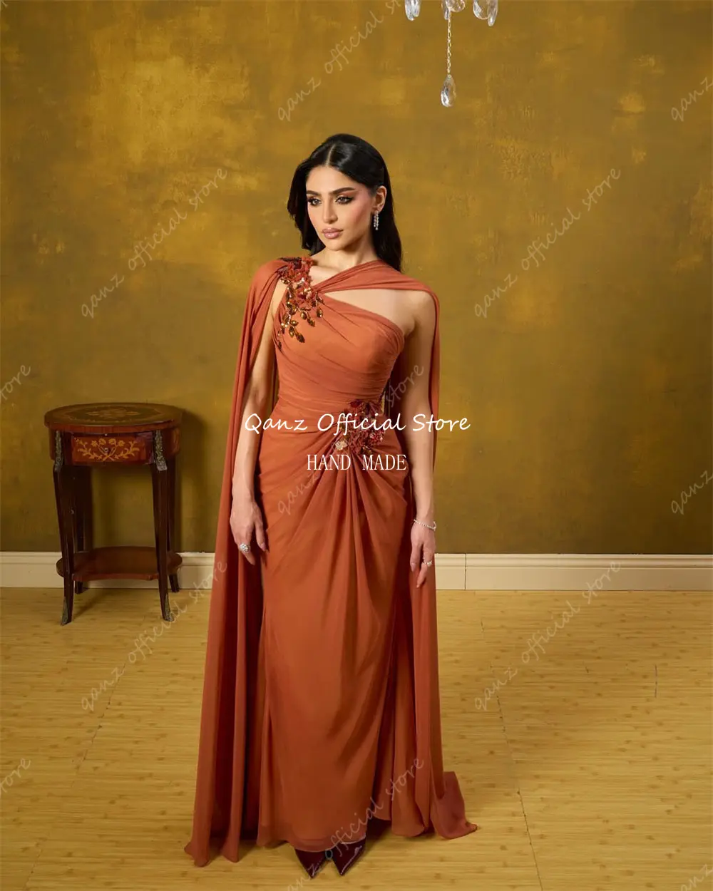 Qanz Burnt Orange Evening Dresses Chiffon Beadings Vestidos De Fiesta Elegantes Cape Sleeves Prom Dresses Luxury Customized