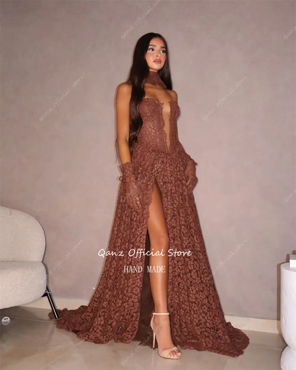 Qanz Formal Long Prom Dresses Lace Appliques High Slit Sweetheart Evening Dress A Line Vestidos De Fiesta Elegantes Customized