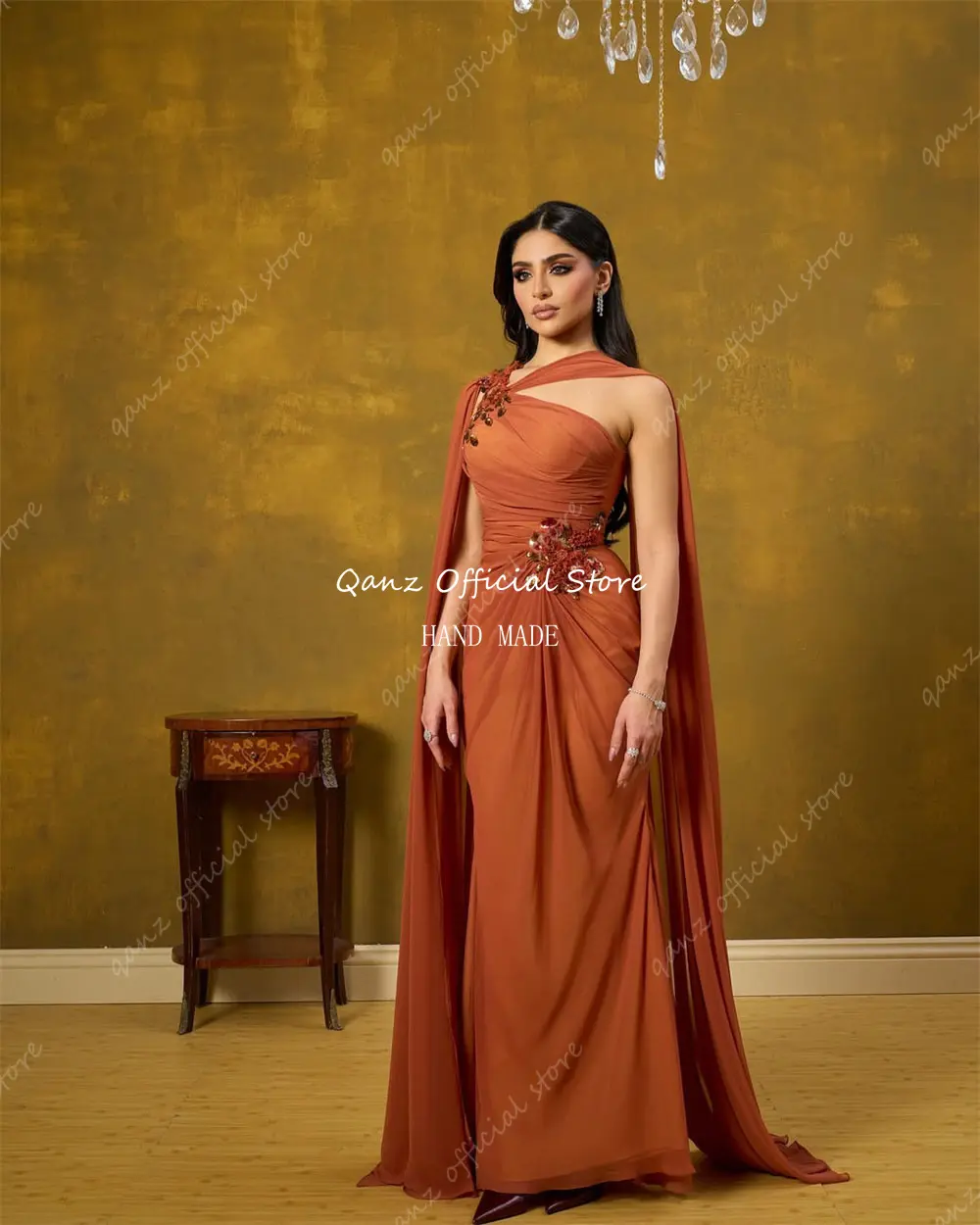 Qanz Burnt Orange Evening Dresses Chiffon Beadings Vestidos De Fiesta Elegantes Cape Sleeves Prom Dresses Luxury Customized