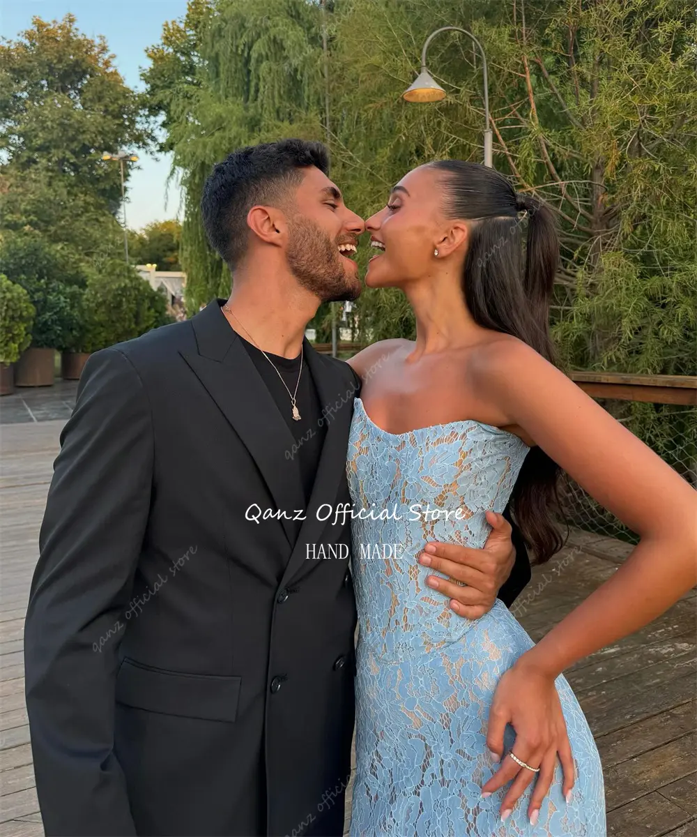 Qanz Light Blue Prom Dresses Lace Appliques Sexy Backless Evening Dresses Mermaid Dress Elegant Woman Wedding Party Customized