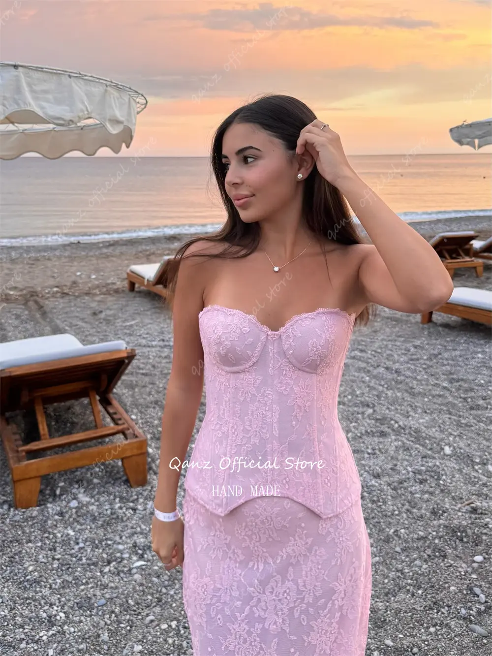 Qanz Beach Pink Full Lace Appliques Evening Dresses Sweetheart Corset Back 2 Pieces Mermaid Luxury Dresses for Party  Customized