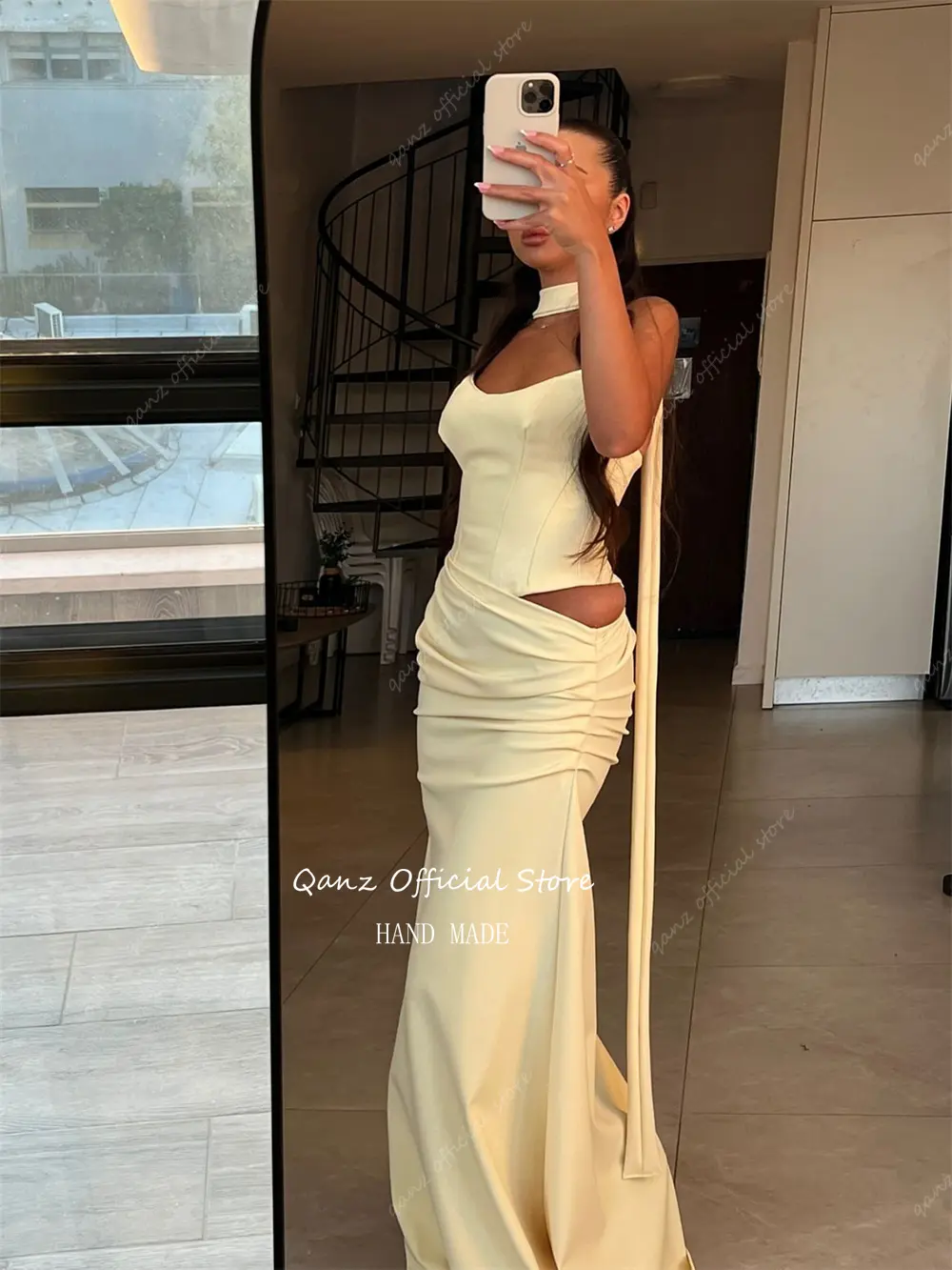 Qanz Banana Yellow Evening Dresses Mermaid Satin Formal Prom Dress Ribbons Pleat Long Vestidos De Fiesta Elegantes Customized