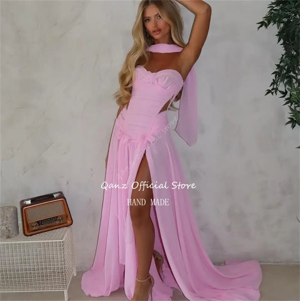 Qanz Elegant Pink Prom Dresses Chiffon Sweetheart High Slit Ribbon Robe De Soirée Femme Evening Party Gown Women Customized