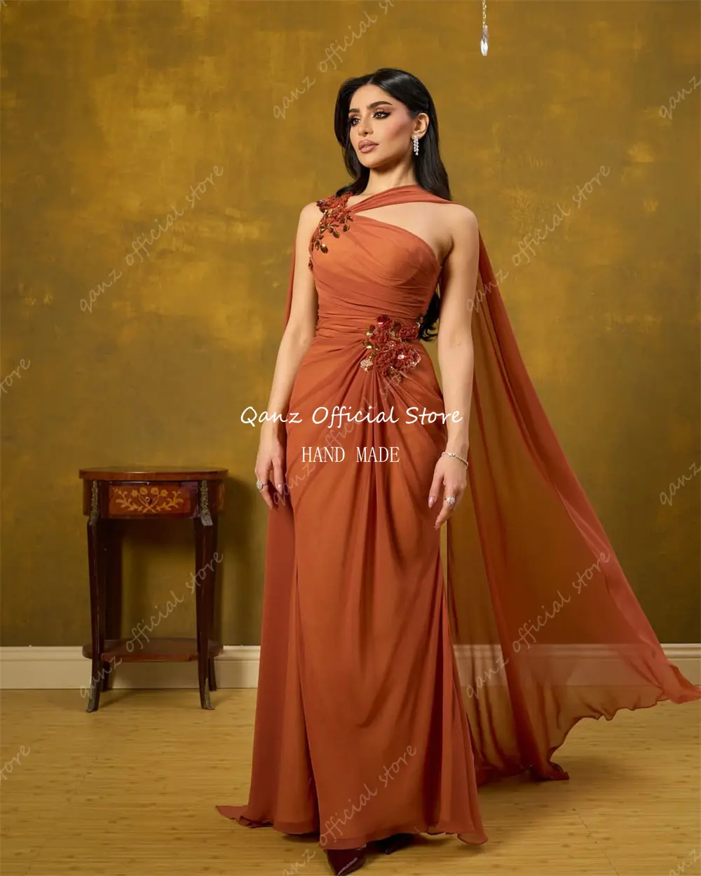 Qanz Burnt Orange Evening Dresses Chiffon Beadings Vestidos De Fiesta Elegantes Cape Sleeves Prom Dresses Luxury Customized
