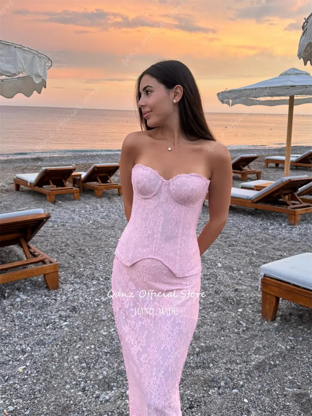Qanz Beach Pink Full Lace Appliques Evening Dresses Sweetheart Corset Back 2 Pieces Mermaid Luxury Dresses for Party  Customized