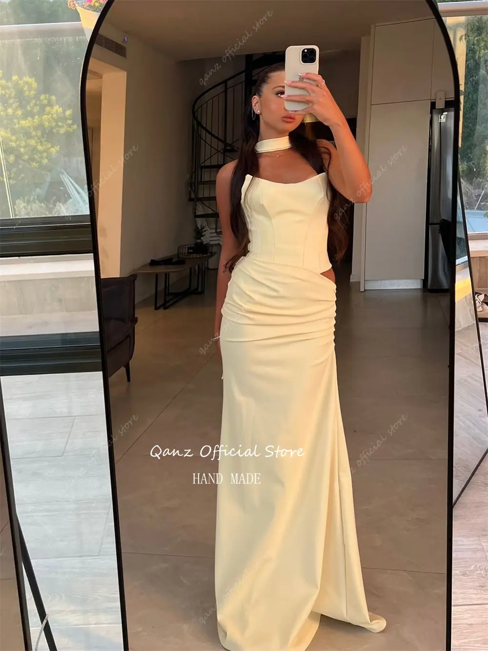 Qanz Banana Yellow Evening Dresses Mermaid Satin Formal Prom Dress Ribbons Pleat Long Vestidos De Fiesta Elegantes Customized