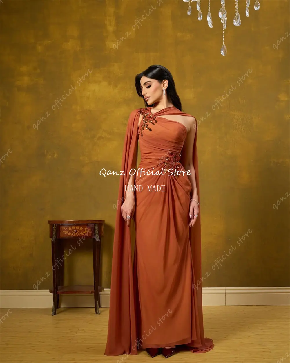 Qanz Burnt Orange Evening Dresses Chiffon Beadings Vestidos De Fiesta Elegantes Cape Sleeves Prom Dresses Luxury Customized