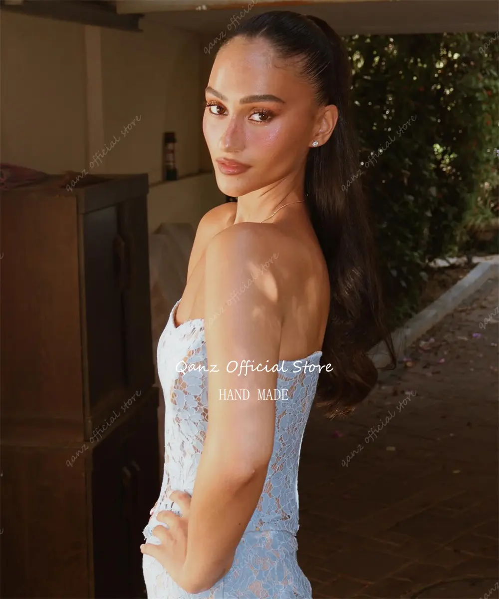 Qanz Light Blue Prom Dresses Lace Appliques Sexy Backless Evening Dresses Mermaid Dress Elegant Woman Wedding Party Customized