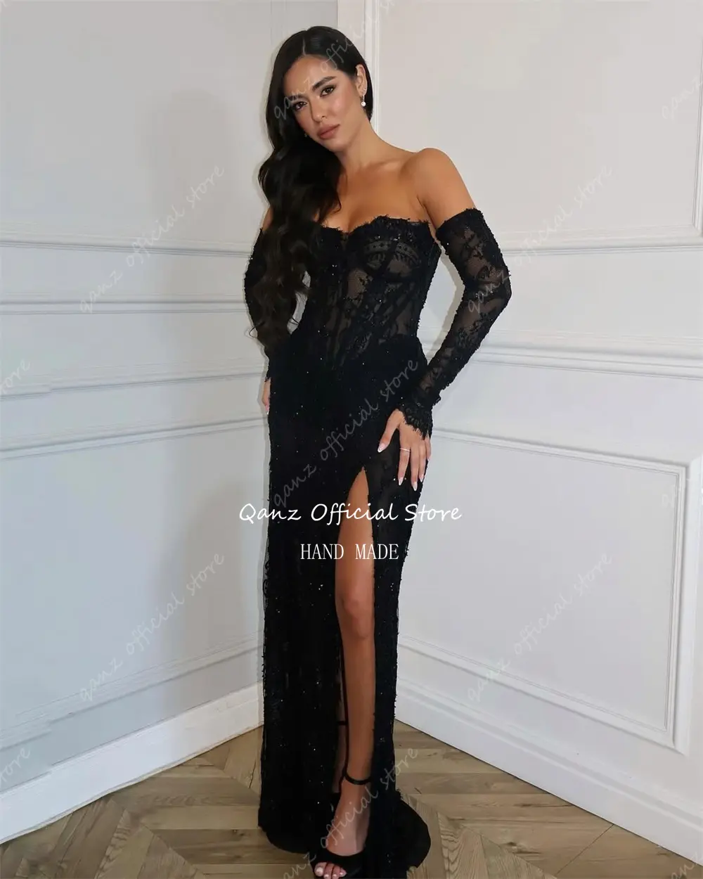 Qanz Slit Evening Dresses Women Elegant Luxury Dubai Black Lace Sequined Women Party Dresses Vestidos Fiesta Mujer Customized