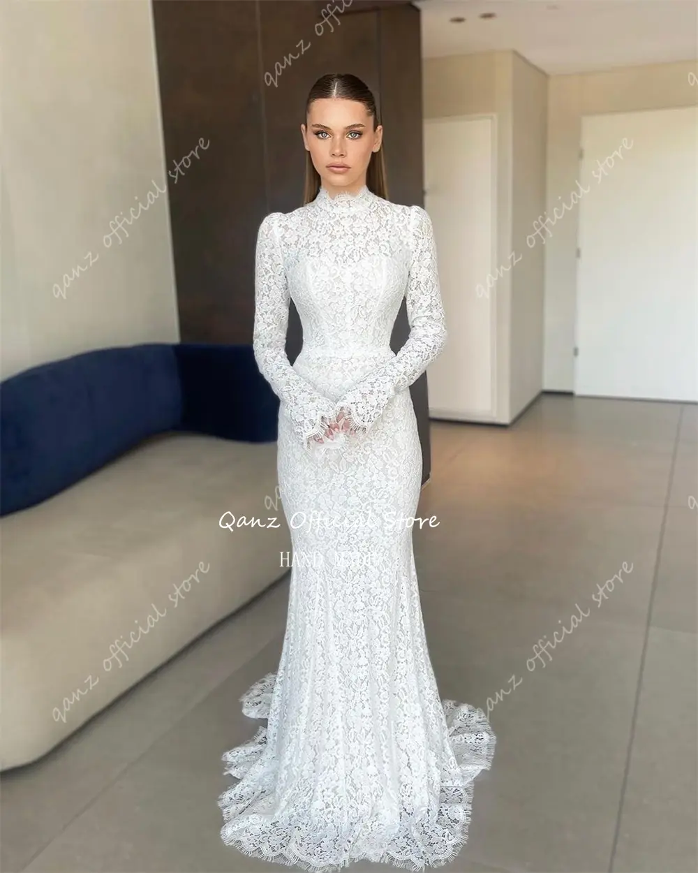 Qanz Bohemian Full Lace Wedding Dresses Mermaid Long Sleeves Bones Elegant Vestidos De Novia Boda Boho Bridal Dress Customized