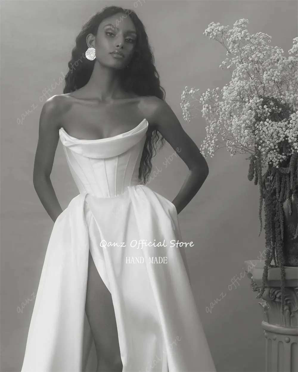 Qanz Vintage Satin Wedding Gown Strapless Mermaid Pleat Wedding Dress High Slit Customized Bride Dress Vestido De Noiva 2024