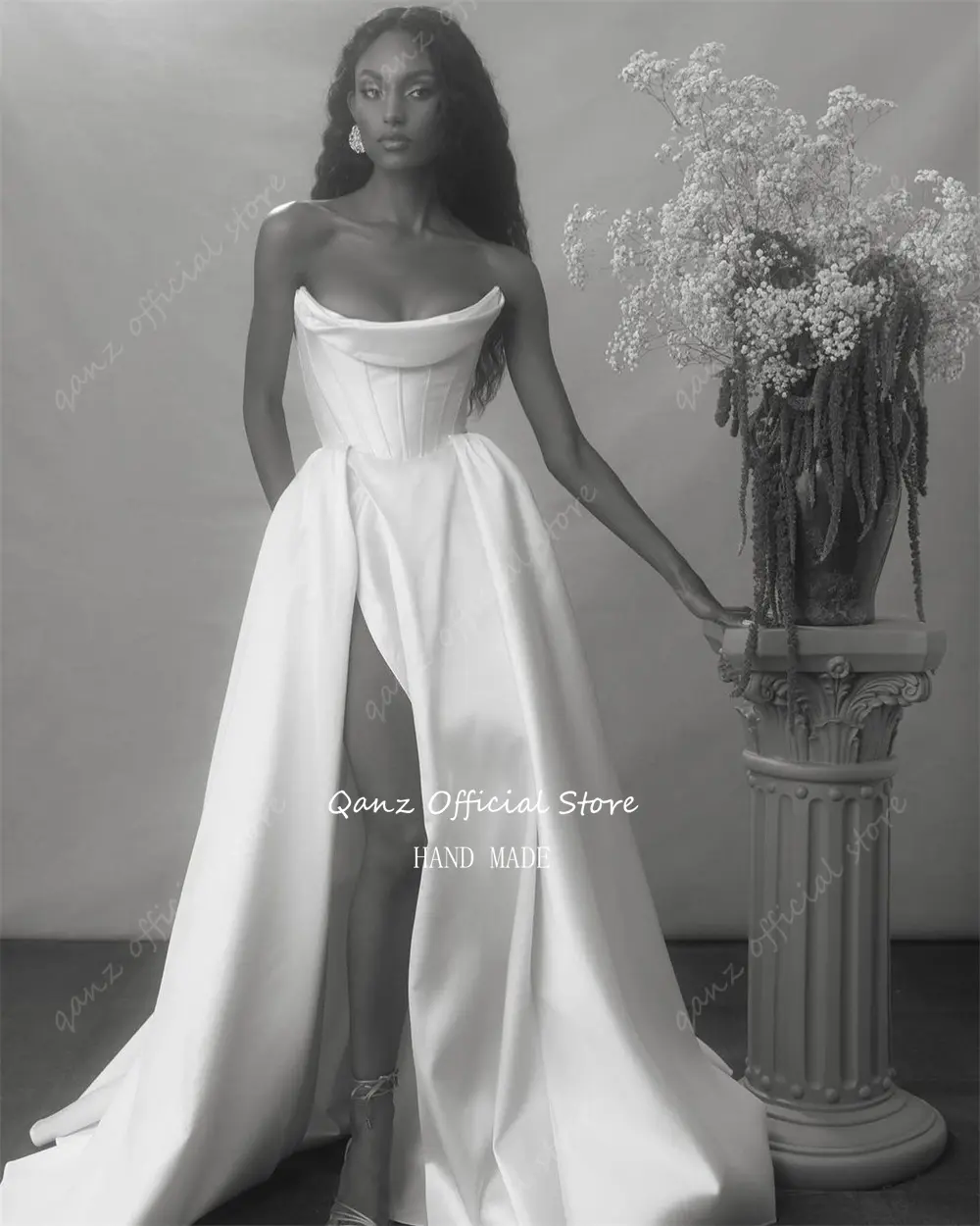 Qanz Vintage Satin Wedding Gown Strapless Mermaid Pleat Wedding Dress High Slit Customized Bride Dress Vestido De Noiva 2024