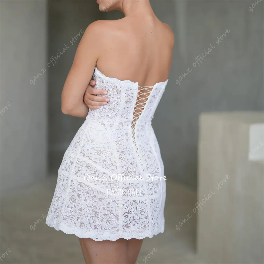 Qanz Beach Mini Wedding Dresses Women Full Lace Bones Sexy Backless Party Dresses Lace Up Back La Robe De Mariage Customized