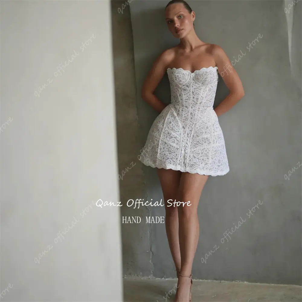 Qanz Beach Mini Wedding Dresses Women Full Lace Bones Sexy Backless Party Dresses Lace Up Back La Robe De Mariage Customized