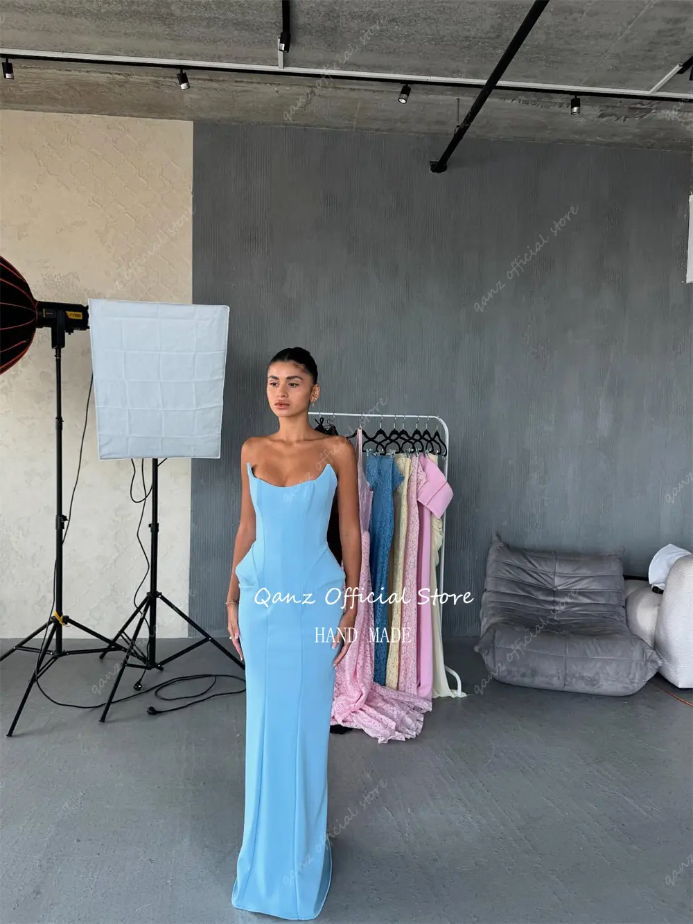 Qanz Fashion Blue Prom Dresses Mermaid Sleeveless Photograph Shoot Vestidos De Fiesta Elegantes Satin Robes De Soirée Customized