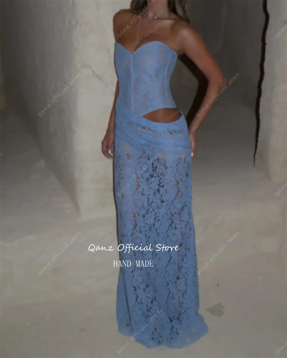 Qanz Charming Lace Appliques Prom Dress Sleevelsss Ligh Blue Mermaid Evening Dresses Women Sheer Vestidos De Fiesta Customized