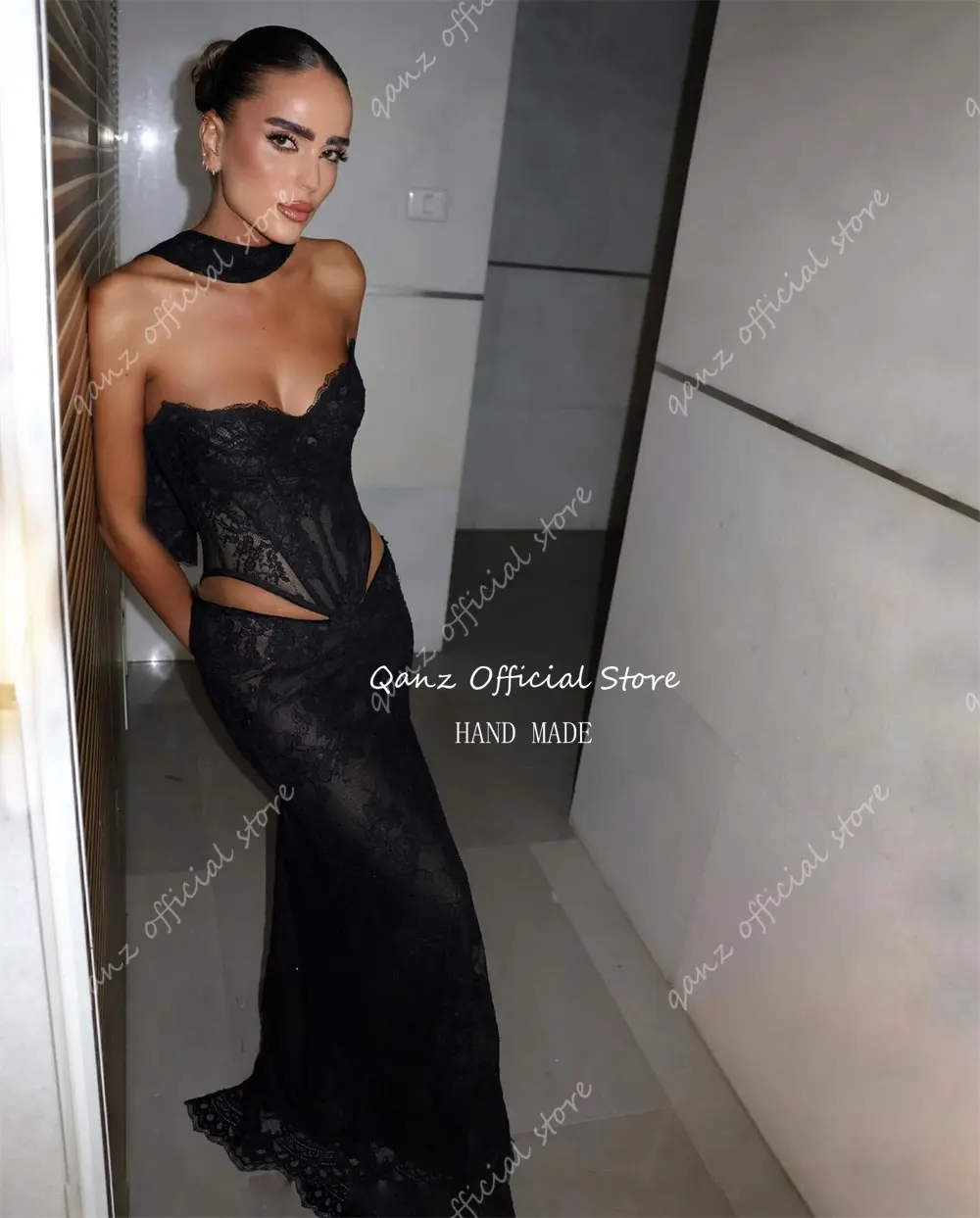 Qanz Luxury Sweetheart Lace Prom Dresses Sleevlesss Mermaid Corset Back Black Birthday Dress Women Sexy Party Dresses Customized