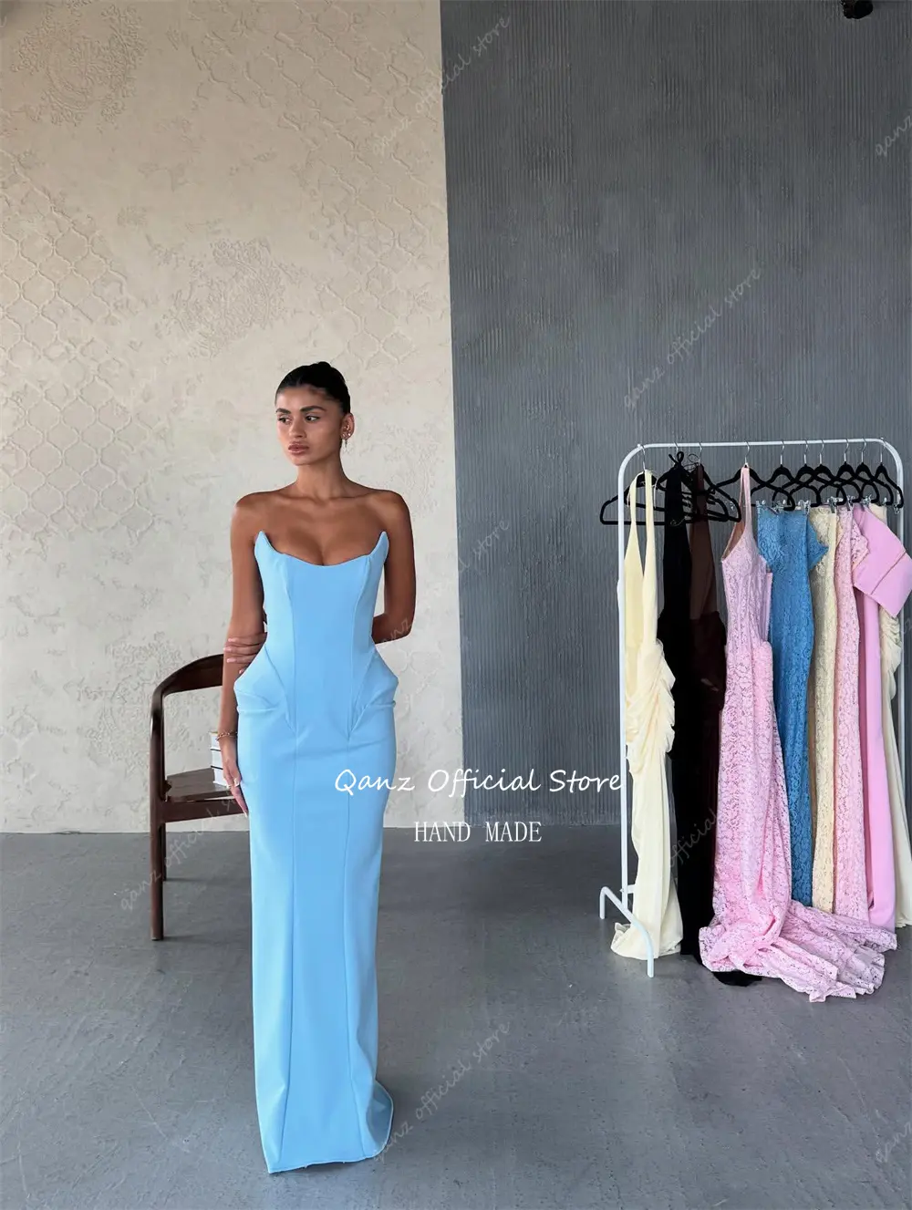 Qanz Fashion Blue Prom Dresses Mermaid Sleeveless Photograph Shoot Vestidos De Fiesta Elegantes Satin Robes De Soirée Customized