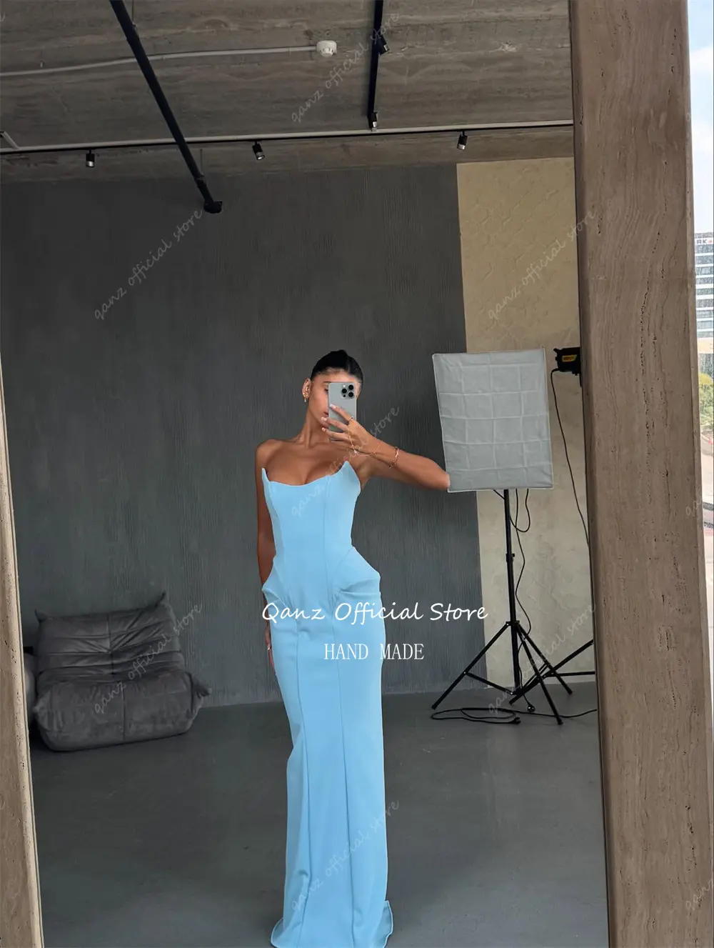Qanz Fashion Blue Prom Dresses Mermaid Sleeveless Photograph Shoot Vestidos De Fiesta Elegantes Satin Robes De Soirée Customized