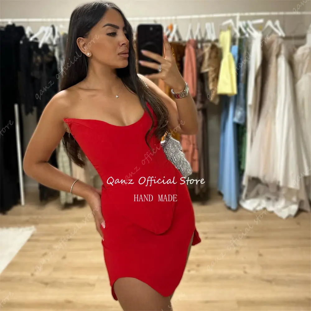 Qanz Modern Red Prom Dresses Mini Satin Vestidos Para Eventos Especiales Corset Back Sweetheart Party Dress Club Customized