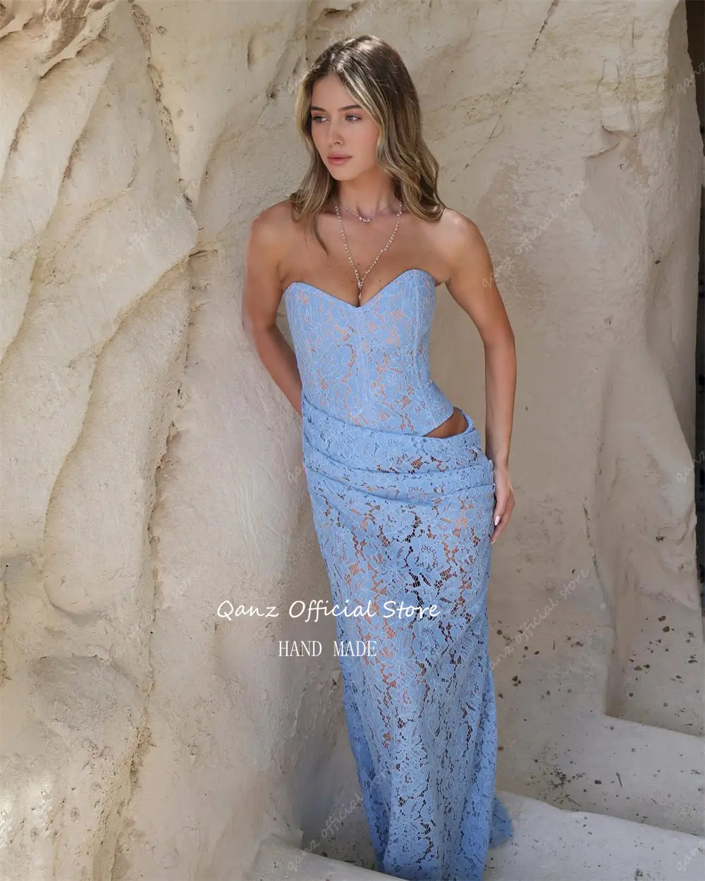 Qanz Charming Lace Appliques Prom Dress Sleevelsss Ligh Blue Mermaid Evening Dresses Women Sheer Vestidos De Fiesta Customized