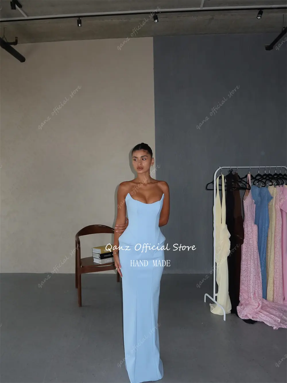Qanz Fashion Blue Prom Dresses Mermaid Sleeveless Photograph Shoot Vestidos De Fiesta Elegantes Satin Robes De Soirée Customized