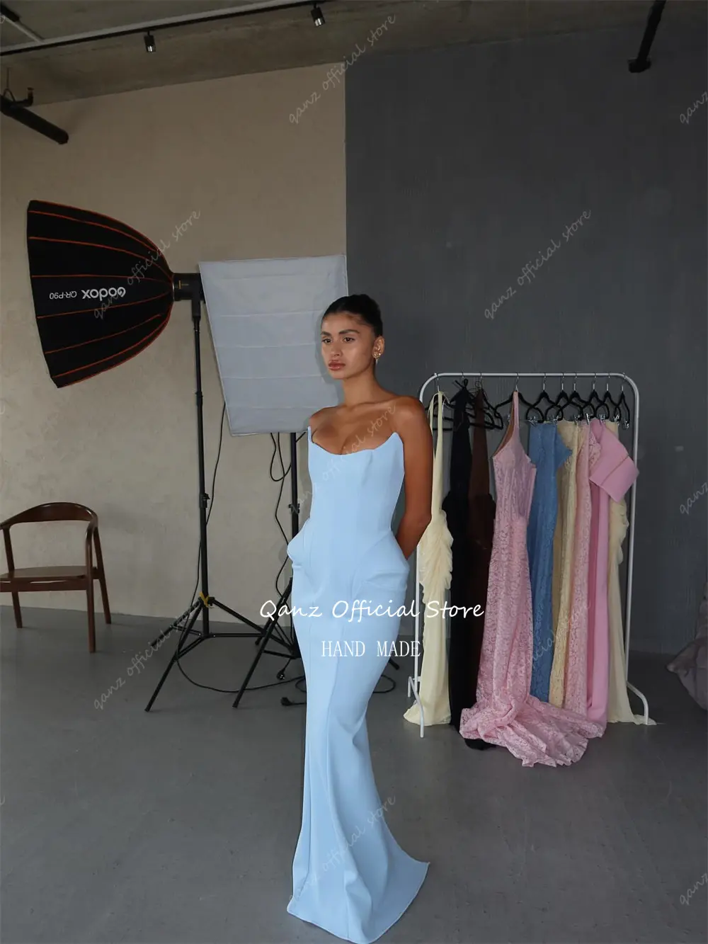 Qanz Fashion Blue Prom Dresses Mermaid Sleeveless Photograph Shoot Vestidos De Fiesta Elegantes Satin Robes De Soirée Customized