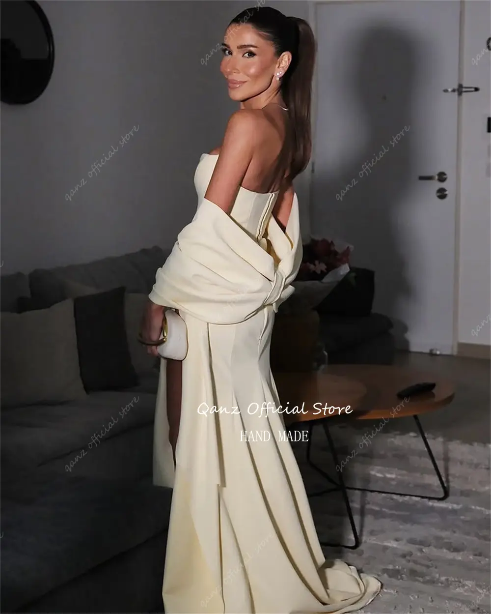 Qanz Yellow Satin Prom Dresses Sweetheart Mermaid High Slit Elagnt Evening Dress Bow Shawl Formal Osscasion Gowns Customized