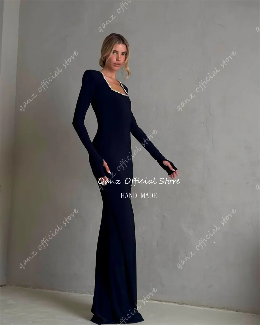 Qanz Modern Black Evening Dresses Crystal Long Sleeves Mermaid Slim-fitting Vestidos De Noche Formal Occasion Dress Customized