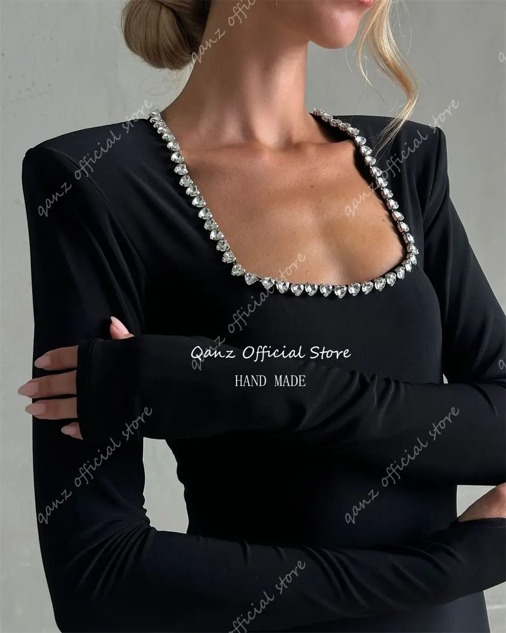 Qanz Modern Black Evening Dresses Crystal Long Sleeves Mermaid Slim-fitting Vestidos De Noche Formal Occasion Dress Customized
