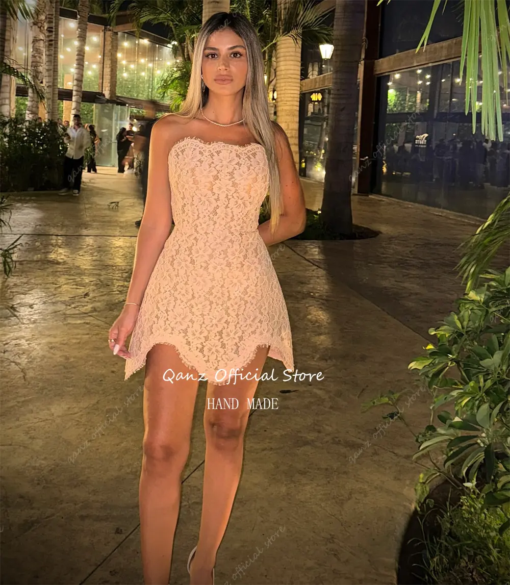 Qanz Mini Pink Prom Dresses Full lace Apliques Strapless Above Knee Vestidos De Gala Corset Back Cocktail Party Gown Customized