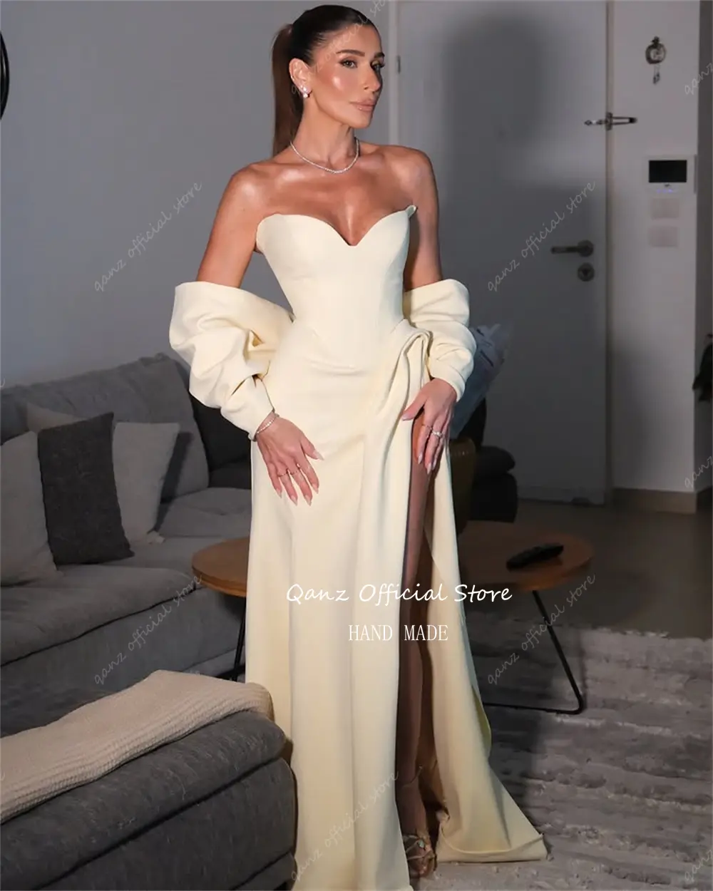 Qanz Yellow Satin Prom Dresses Sweetheart Mermaid High Slit Elagnt Evening Dress Bow Shawl Formal Osscasion Gowns Customized
