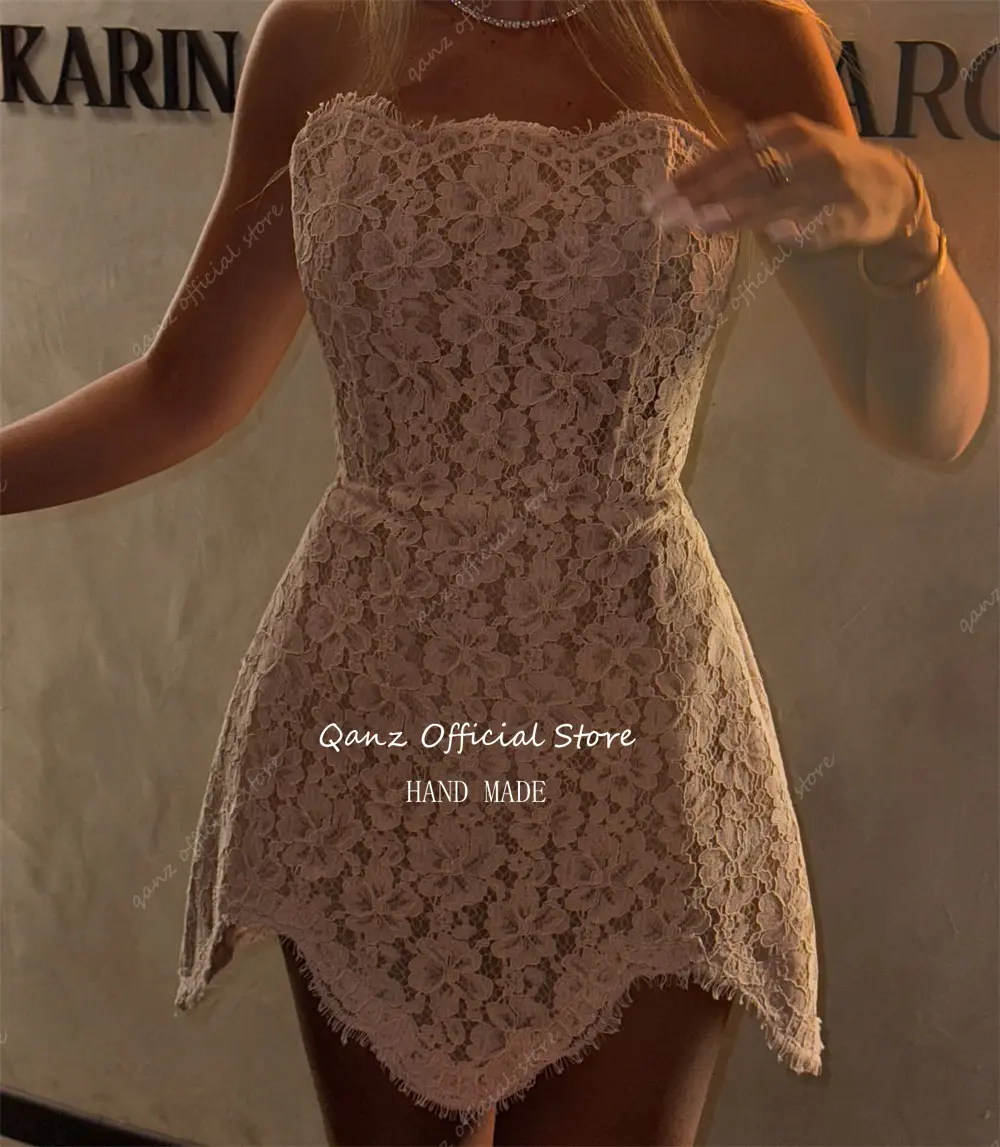 Qanz Mini Pink Prom Dresses Full lace Apliques Strapless Above Knee Vestidos De Gala Corset Back Cocktail Party Gown Customized