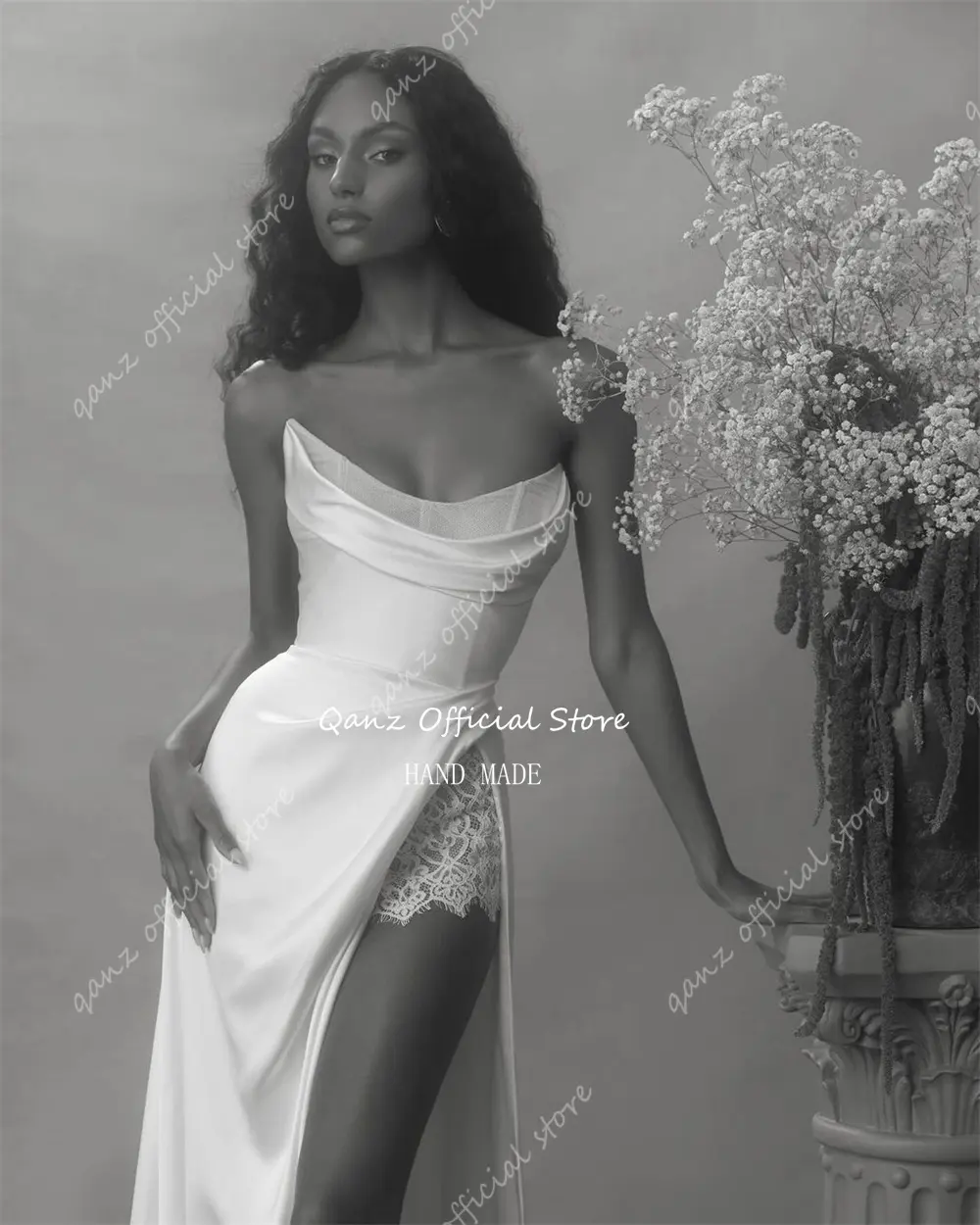 Qanz Sexy High Qility Wedding Dresses Customized High Slit Lace Sleeveless Bridal Gowns Minimalism Mermaid Corset Bride Dress