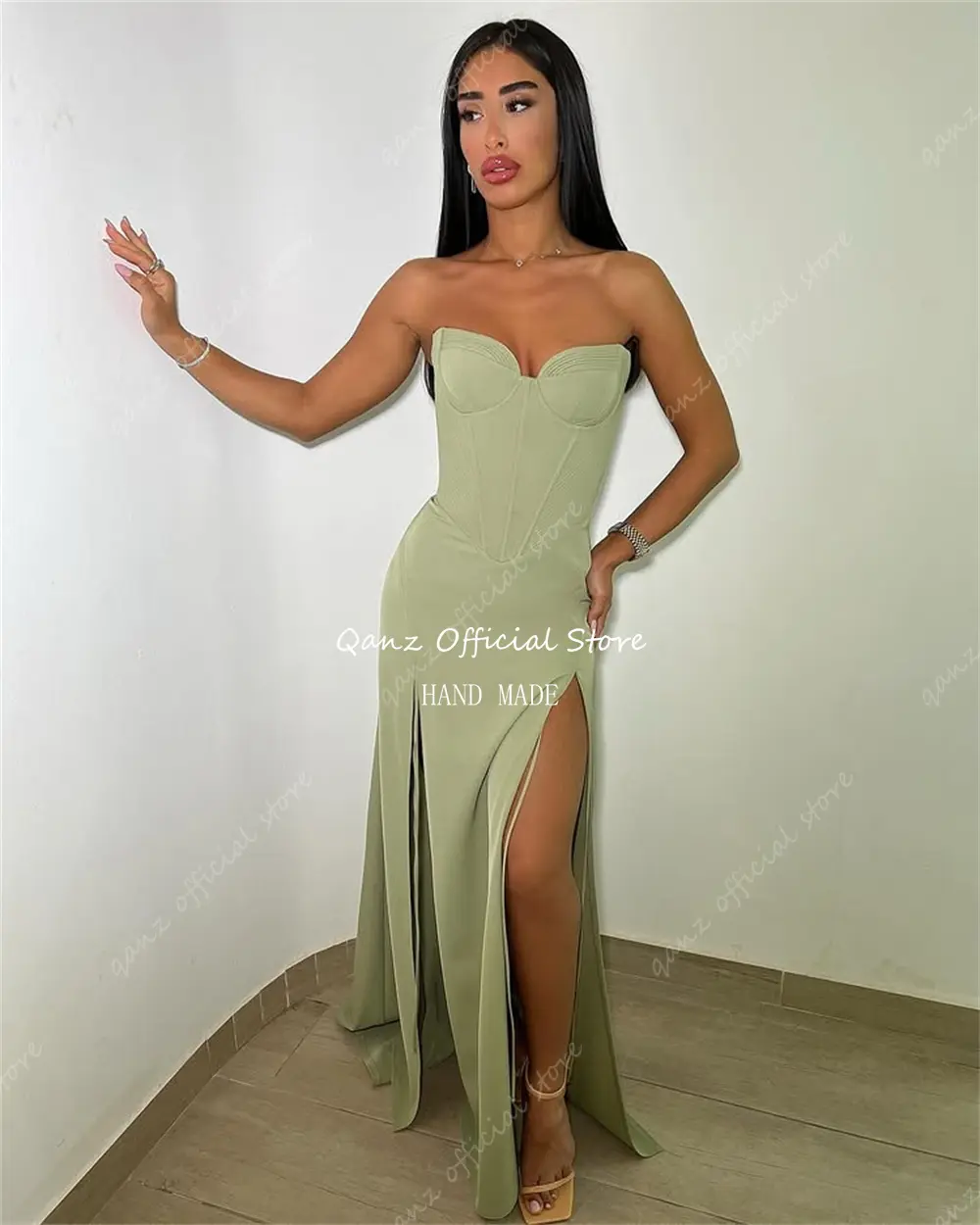 Qanz Sewwthert Women Prom Dresses Mermaid Green Satin High Side Slit Robes De Soirée Corset Back Vestidos De Gala Customized