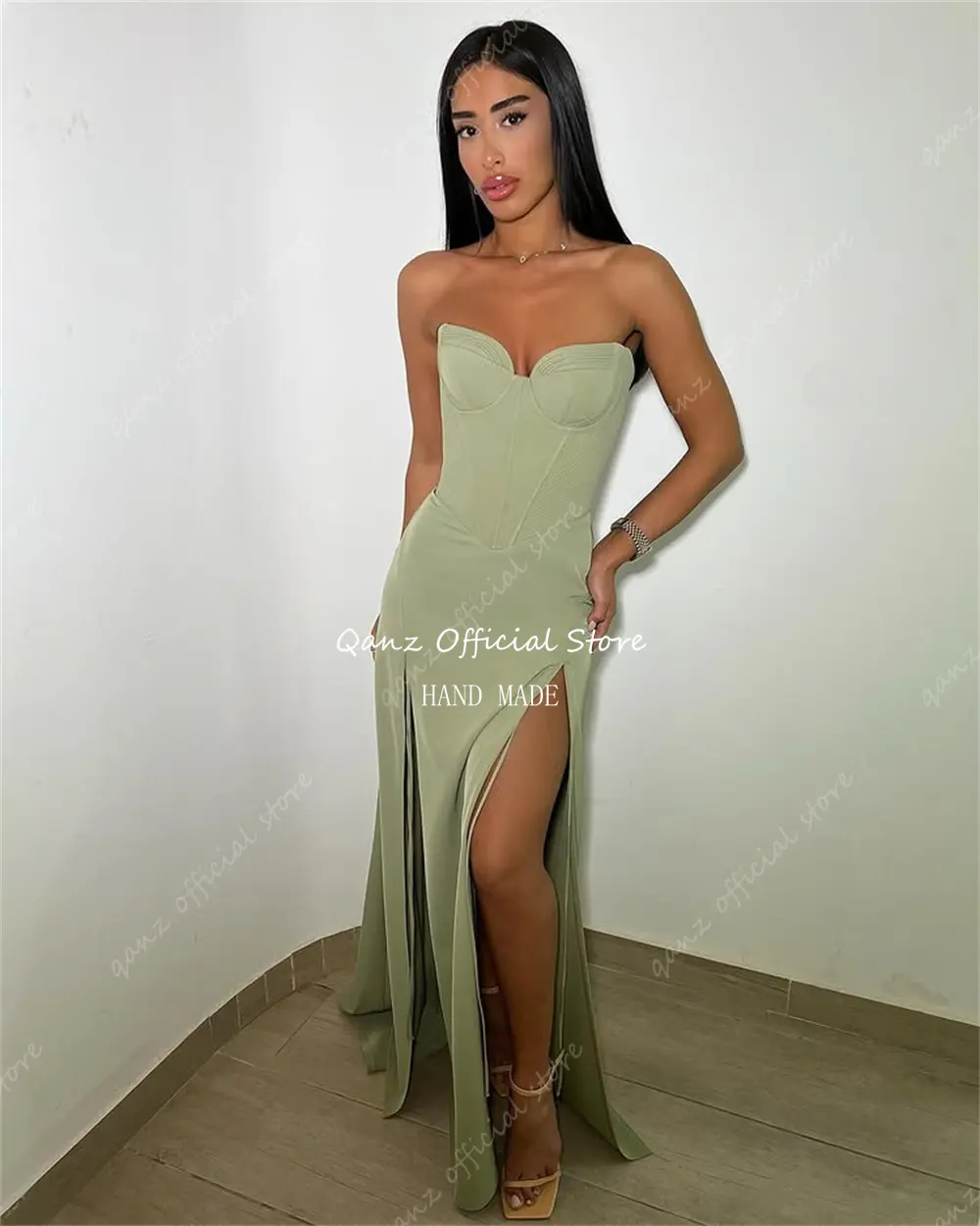 Qanz Sewwthert Women Prom Dresses Mermaid Green Satin High Side Slit Robes De Soirée Corset Back Vestidos De Gala Customized