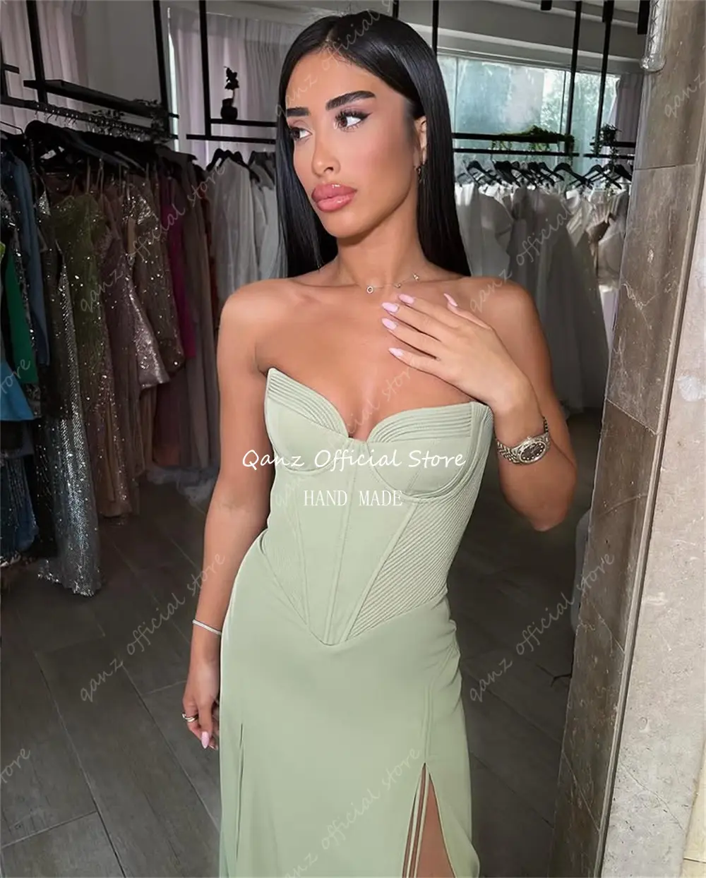 Qanz Sewwthert Women Prom Dresses Mermaid Green Satin High Side Slit Robes De Soirée Corset Back Vestidos De Gala Customized