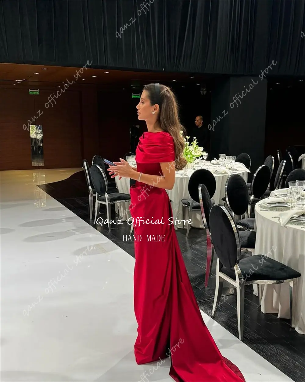 Qanz Red Evening Dresses Off The Shoulder Mermaid Satin Formal Occasion Dreses Women Long Train Event Party Gown Customized