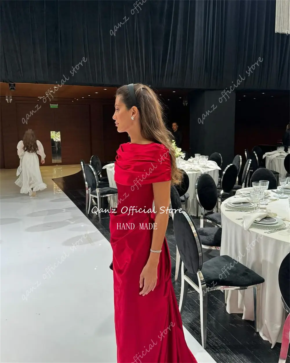 Qanz Red Evening Dresses Off The Shoulder Mermaid Satin Formal Occasion Dreses Women Long Train Event Party Gown Customized