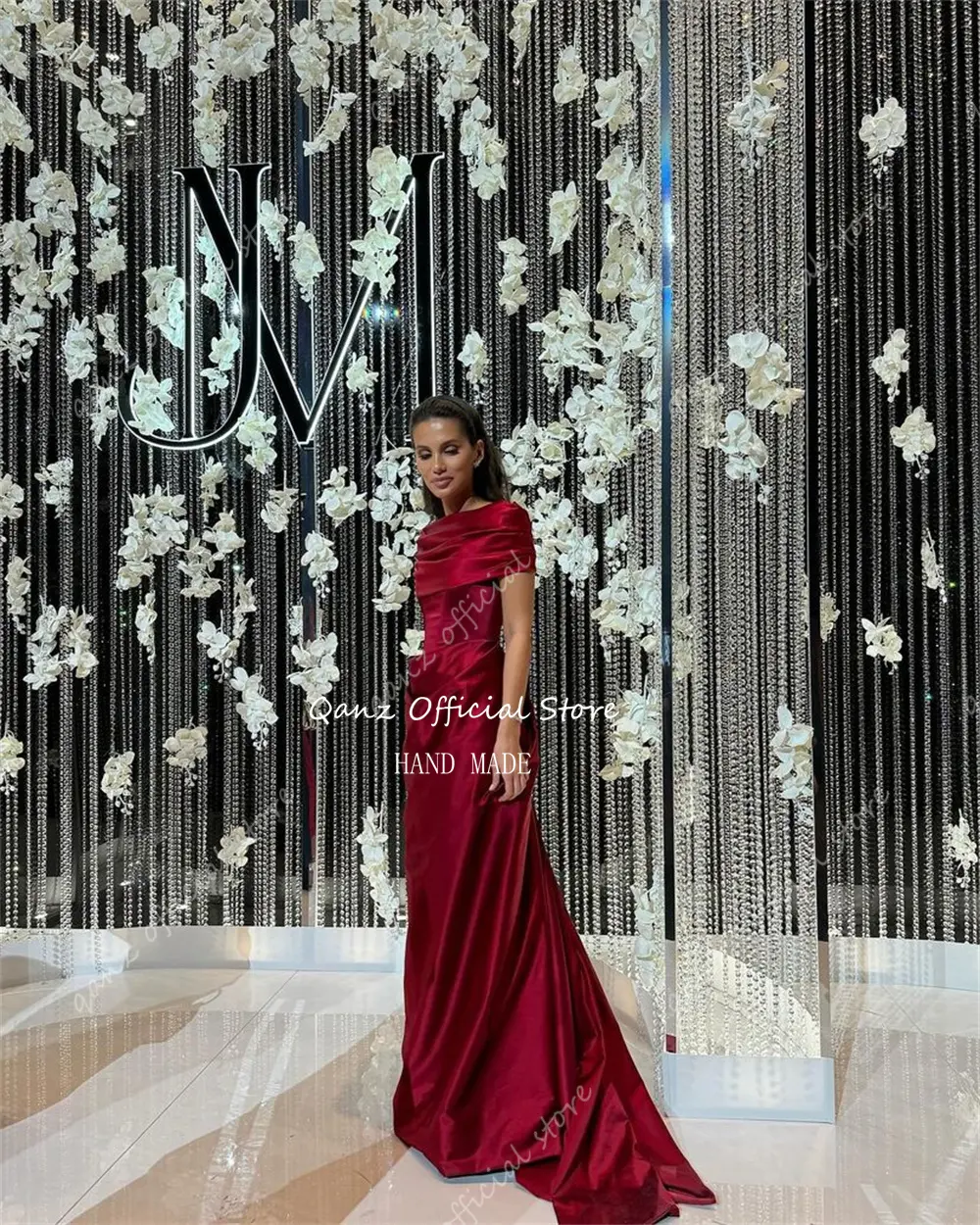 Qanz Red Evening Dresses Off The Shoulder Mermaid Satin Formal Occasion Dreses Women Long Train Event Party Gown Customized