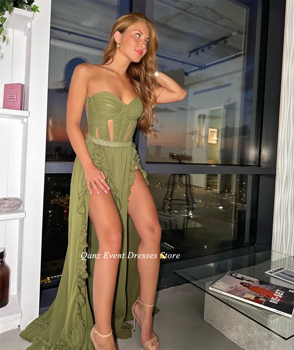 Qanz A-line Chiffon Prom Dresses Sweetheart Sleeveless Women Customized Evening Party Gowns Slit Ruffles Robe De Soiree Femmes